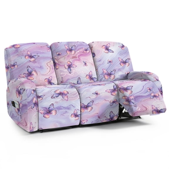 COEQINE Recliner Cover 3 Seater Stretch Recliner Sofa Cover 8 Pieces Anti-Slip Wear Resistant Dog Couch Slipcover with Side Pocket for Pets, Dogs, Cats, Purple Butterfly Marble