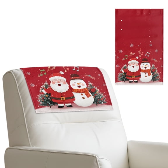 COEQINE Recliner Headrest Cover Faux Leather Couch Headrest Cover Furniture Slipcover with Adhesive Backed Hook and Loop Straps for Living Room, 17x27 Inch, Santa Claus Snowman Red