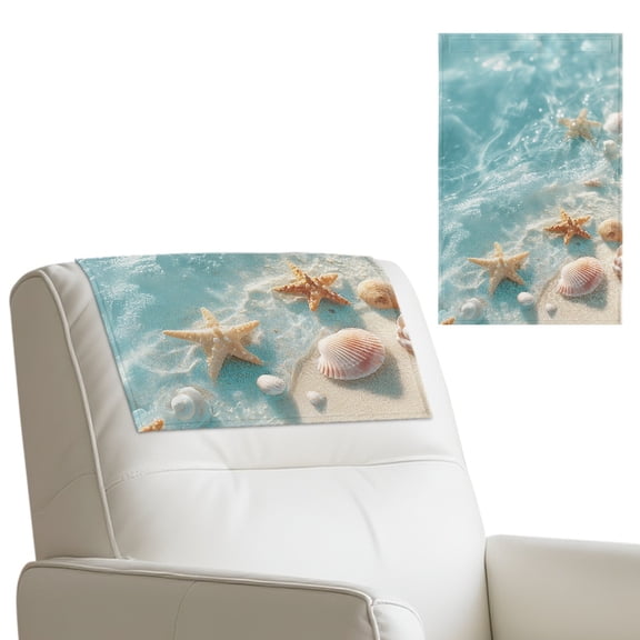 COEQINE Recliner Headrest Cover PU Leather Couch Headrest Cover Washable Furniture Protector with Hook and Loop Fasteners for Home Coastal Decor, 17x27 Inch, Starfish Seashell Beach