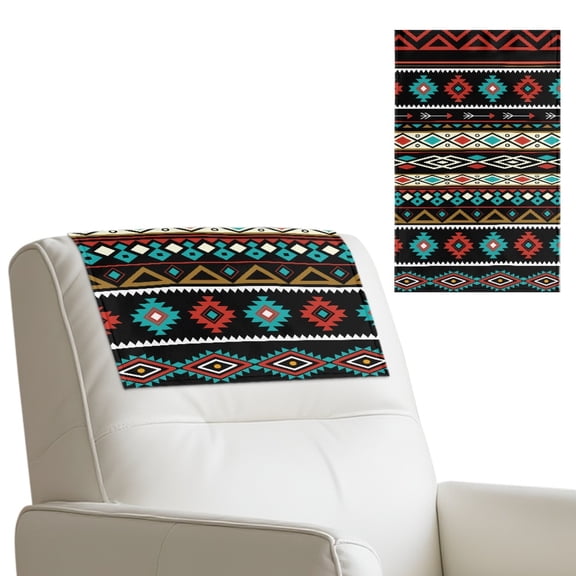 COEQINE Recliner Headrest Protector Faux Leather Cover with Adhesive Backed Hook and Loop Straps, Anti-Slip Head Rest Cover for Sofa, Loveseat, Couch, 17x27 Inch, American Tribal Red Teal Black