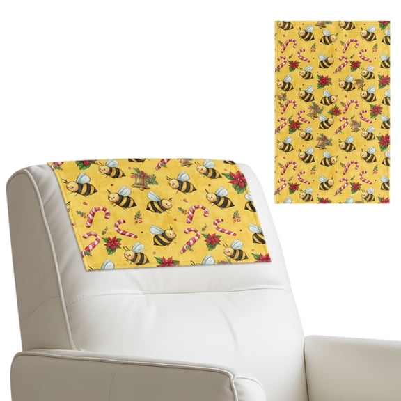 COEQINE Recliner Headrest Protector Faux Leather Cover with Adhesive Backed Hook and Loop Straps, Anti-Slip Head Rest Cover for Sofa, Loveseat, Couch, 17x27 Inch, Bee Candy Cane Yellow
