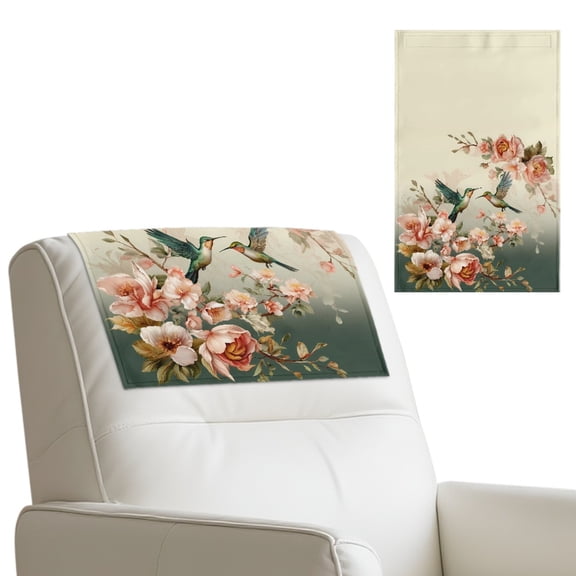 COEQINE Recliner Headrest Protector Faux Leather Cover with Adhesive Backed Hook and Loop Straps, Anti-Slip Head Rest Cover for Sofa, Loveseat, Couch, 17x27 Inch, Hummingbird Flower Beige