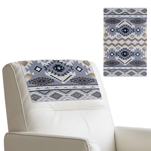 COEQINE Recliner Headrest Protector Faux Leather Cover with Adhesive Backed Hook and Loop Straps, Anti-Slip Head Rest Cover for Sofa, Loveseat, Couch, 17x27 Inch, Southwest American Tribal Blue Gray