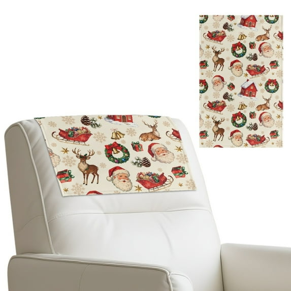 COEQINE Recliner Headrest Protector PU Leather Scratch Resistant Chair Headrest Cover Furniture Protector with Hook and Loop Fasteners, 17x27 Inch, Vintage Christmas Santa Claus Beige, Set of 2