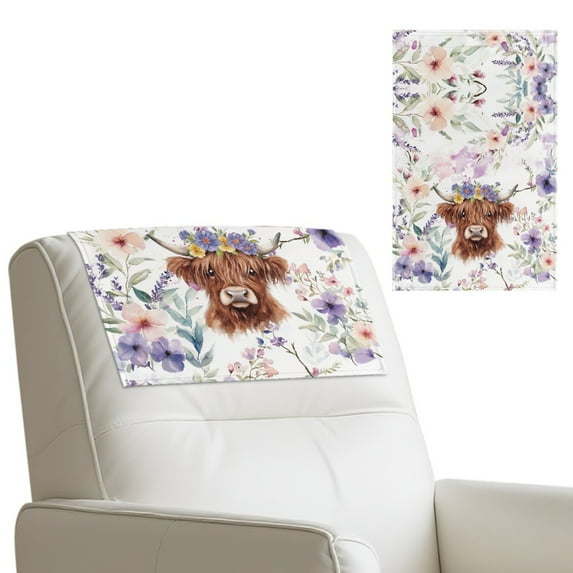 COEQINE Recliner Headrest Protector PU Leather Scratch Resistant Chair Headrest Cover Washable Furniture Protector with Hook and Loop Fasteners, 17x27 Inch, Highland Cow Floral Violet, Set of 2
