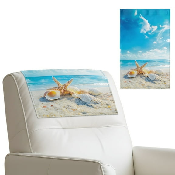 COEQINE Recliner Headrest Protector PU Leather Scratch Resistant Chair Headrest Cover Washable Furniture Protector with Hook and Loop Fasteners, 17x27 Inch, Starfish Shell Beach Blue
