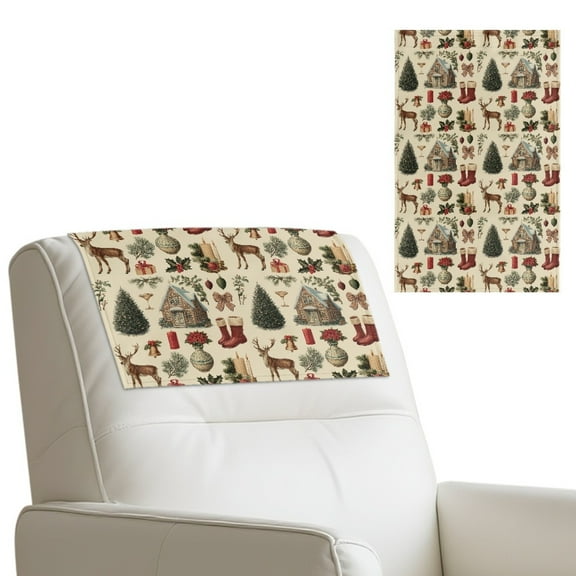 COEQINE Recliner Headrest Protector PU Leather Scratch Resistant Chair Headrest Cover Washable Furniture Protector with Hook and Loop Fasteners, 17x27 Inch, Vintage Christmas Reindeer