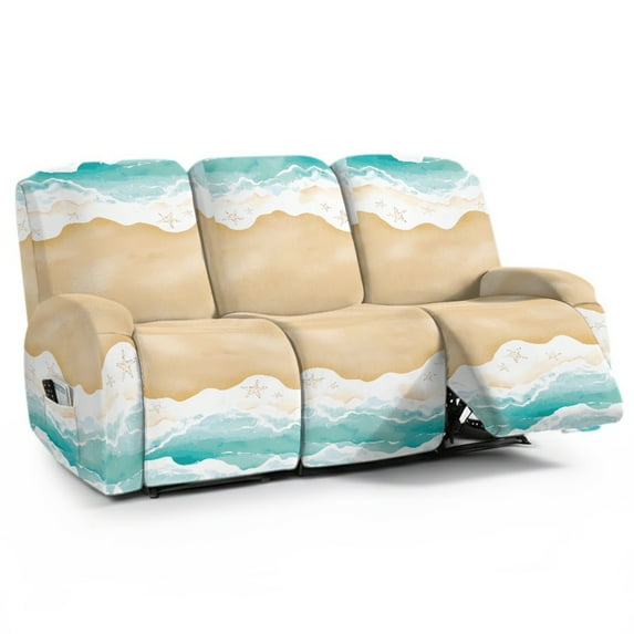 COEQINE Recliner Sofa Cover Soft Couch Slipcover 8 Pieces Stretch Recliner Chair Cover 3 Seater Fitted Reclining Chair Slipcover with Elastic Bottom and Pocket Coastal Decor, Beach Starfish