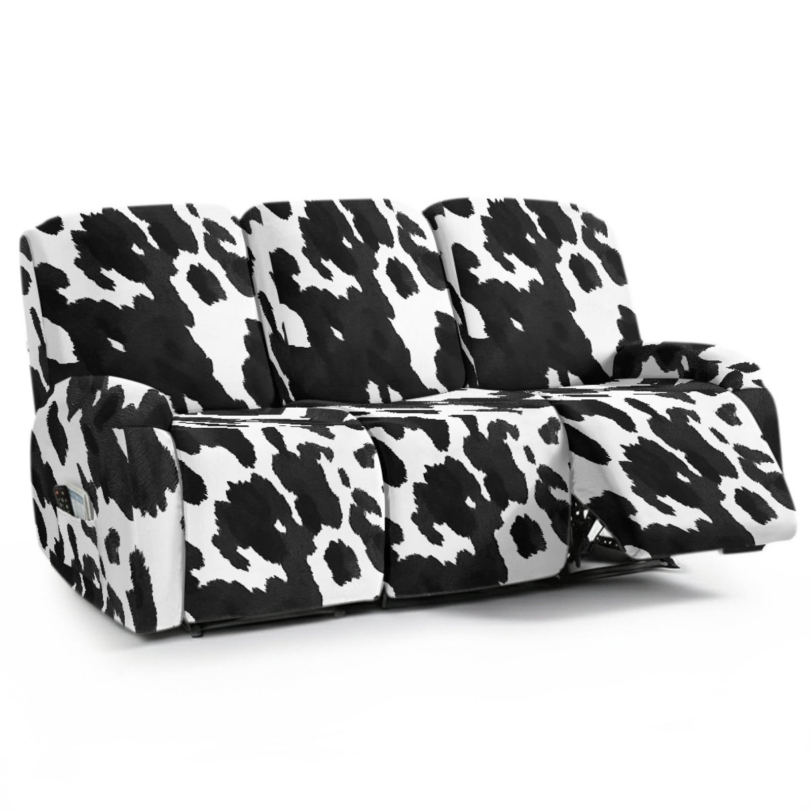 COEQINE Reclining Sofa Cover Universal 3 Seater Stretch Sofa Recliner Cover 8 Pieces Recliner Couch Slipcover Polyester Furniture Protector for Kids, Pets, Black White Cow Print
