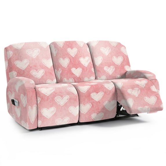 COEQINE Reclining Sofa Cover Universal 3 Seater Stretch Sofa Recliner Cover 8 Pieces Recliner Couch Slipcover Polyester Furniture Protector for Valentines Day Decor for Kids, Pets, Pink Heart