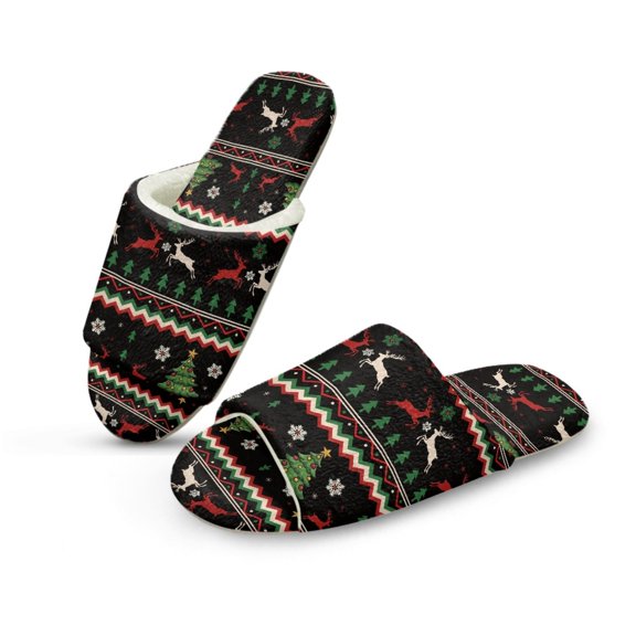 COEQINE Reindeer Xmas Tree Fuzzy Slippers for Women Indoor Warm Winter Fluffy Slides Trendy Christmas House Slippers Open Toe Machine Washable Slip On House Sandals for Men Ladies, 38-39
