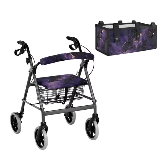 COEQINE Rollator Seat & Roller Bar Covers with Large Capacity Storage Organizer 3 Pieces Set, Reusable Rollator Walker Accessories Gifts for Elderly, Dark Purple Gold Marble