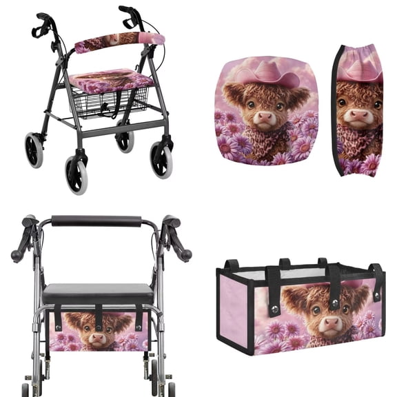 COEQINE Rollator Seat & Roller Bar Covers with Mobility Aid Accessory Basket 3 Pack Set, Washable Dust Proof Rollator Walker Accessories Gifts for Seniors, Highland Cattle Cowboy Daisy