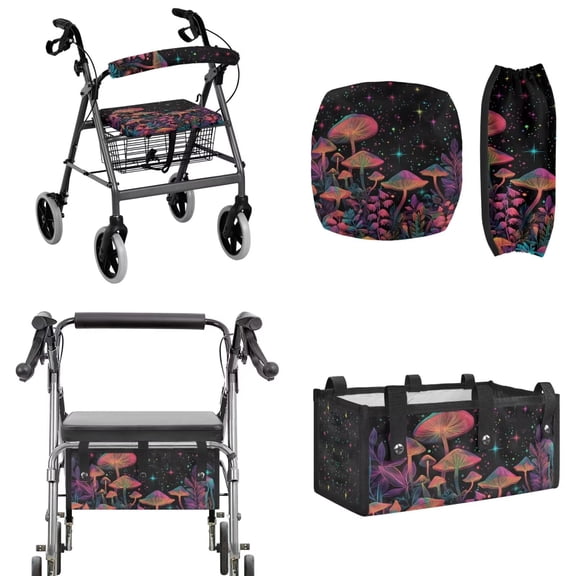 COEQINE Rollator Seat & Roller Bar Covers with Mobility Aid Accessory Basket 3 Pack Set, Washable Dust Proof Rollator Walker Accessories Gifts for Seniors, Mushroom Floral Galaxy