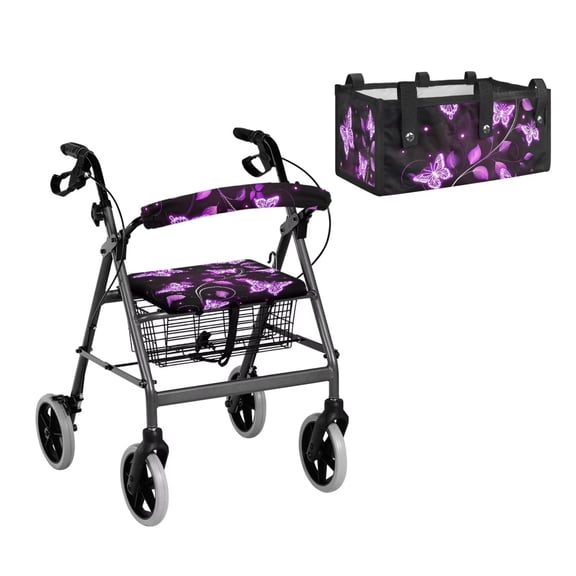 COEQINE Rollator Seat & Roller Bar Covers with Mobility Aid Accessory Basket 3 Pack Set, Washable Dust Proof Rollator Walker Accessories Gifts for Seniors, Purple Butterfly Leaf