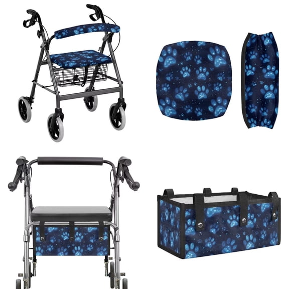 COEQINE Rollator Walker Seat and Backrest Covers with Foldable Attachment Pouch 3 Pieces Set, Detachable Rollator Walker Accessories Gifts for Family, Blue Dog Paw Star