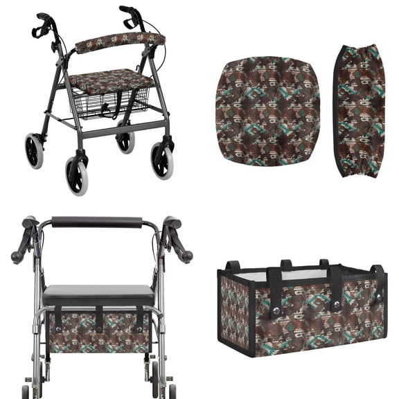 COEQINE Rollator Walker Seat and Backrest Covers with Foldable Attachment Pouch 3 Pieces Set, Detachable Rollator Walker Accessories Gifts for Family, Brown Teal Aztec Cow Print