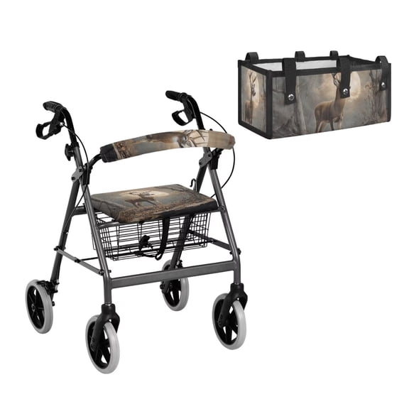 COEQINE Rollator Walker Seat and Backrest Covers with Foldable Attachment Pouch 3 Pieces Set, Detachable Rollator Walker Accessories Gifts for Family, Deer Moon Camo Hunting