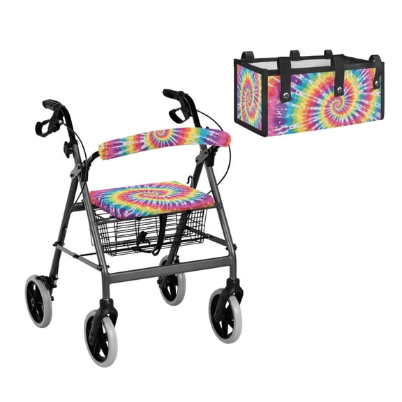 COEQINE Rollator Walker Seat and Backrest Covers with Foldable Attachment Pouch 3 Pieces Set, Detachable Rollator Walker Accessories Gifts for Family, Rainbow Tie-dye