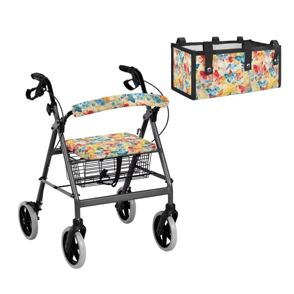 COEQINE Rollator Walker Seat and Backrest Covers with Foldable Attachment Pouch 3 Pieces Set, Detachable Rollator Walker Accessories Gifts for Family, Red Yellow Blue Butterfly