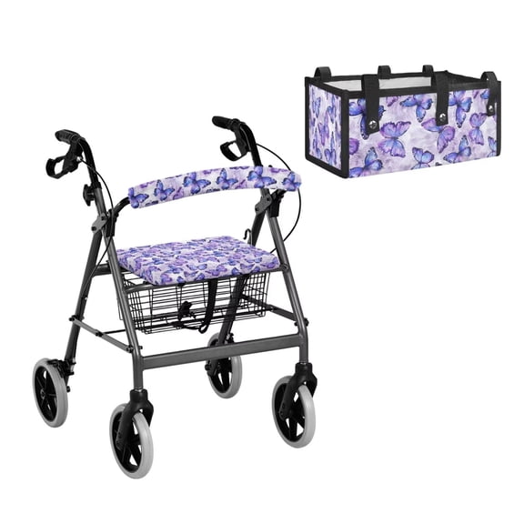 COEQINE Rollator Walker Seat and Backrest Covers with Folding Accessories Bag 3 Pack Set, Easy to Install Rollator Walker Accessories Gifts for Seniors, Purple Butterfly Print