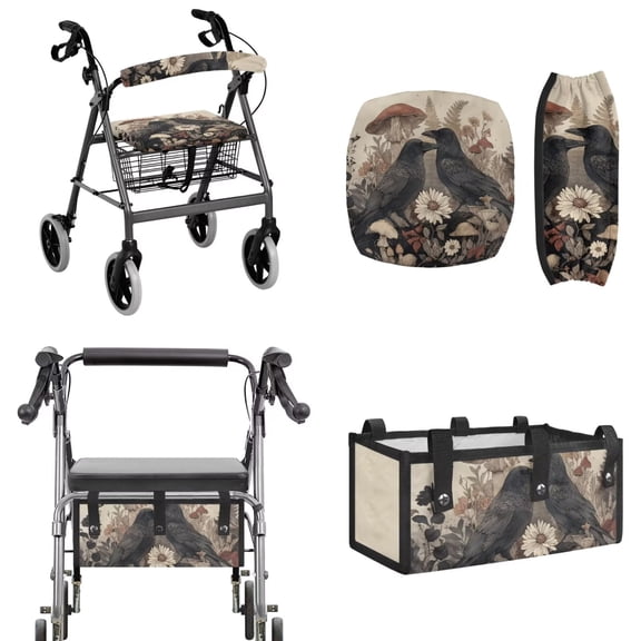COEQINE Rollator Walker Seat and Backrest Covers with Folding Accessories Bag 3 Pack Set, Easy to Install Rollator Walker Accessories Gifts for Seniors, Vintage Raven Mushroom Floral