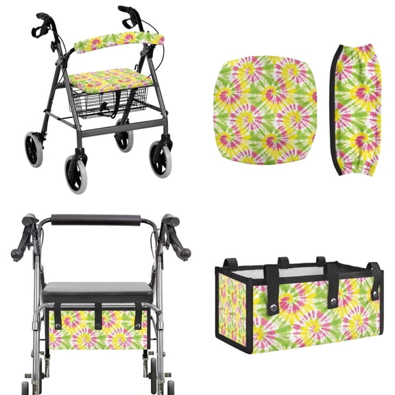 COEQINE Rollator Walker Seat and Backrest Covers with Mobility Aid Accessory Pouch 3 Pack Set, Mobility Accessory Decoration for Elderly in Assisted Living, Pink Yellow Green Tie-dye