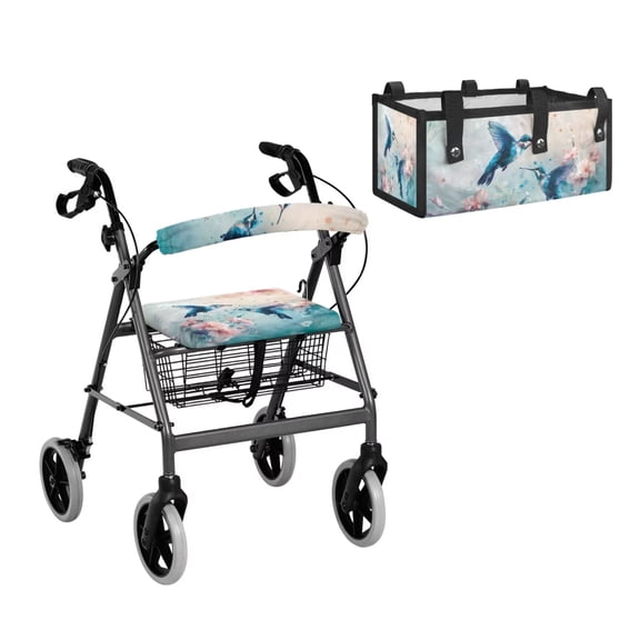 COEQINE Rollator Walker Seat & Backrest Covers Set with Storage Pouch 3 Pieces Set, Dust Proof Washable Mobility Accessory for Seniors in Assisted Living, Blue Hummingbird Floral