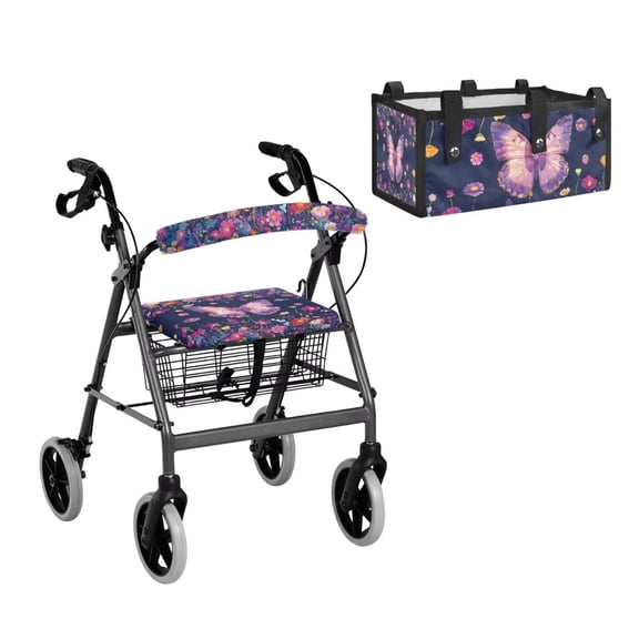 COEQINE Rollator Walker Seat & Backrest Covers Set with Storage Pouch 3 Pieces Set, Dust Proof Washable Mobility Accessory for Seniors in Assisted Living, Butterfly Floral Navy Blue
