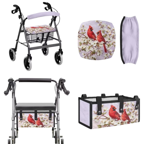 COEQINE Rollator Walker Seat & Backrest Covers Set with Storage Pouch 3 Pieces Set, Dust Proof Washable Mobility Accessory for Seniors in Assisted Living, Cardinal Bird Floral Violet