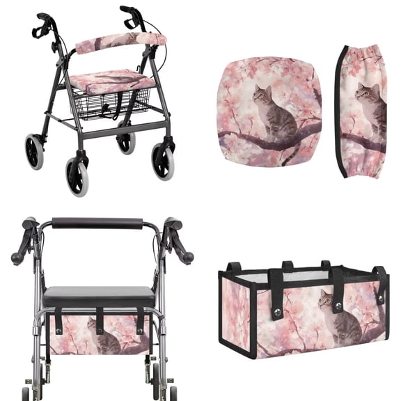 COEQINE Rollator Walker Seat & Backrest Covers Set with Storage Pouch 3 Pieces Set, Dust Proof Washable Mobility Accessory for Seniors in Assisted Living, Cat Cherry Blossom
