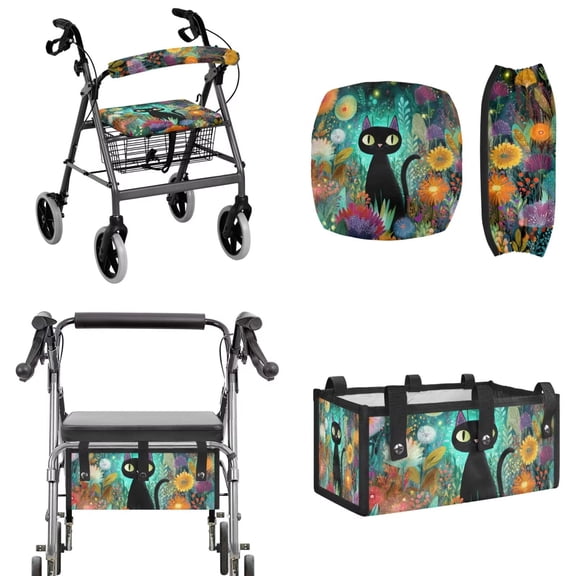 COEQINE Rollator Walker Seat & Backrest Covers Set with Storage Pouch 3 Pieces Set, Dust Proof Washable Mobility Accessory for Seniors in Assisted Living, Funny Cat Flower Leaf