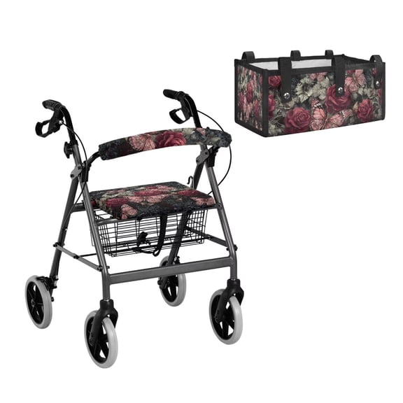 COEQINE Rollator Walker Seat & Backrest Covers Set with Storage Pouch 3 Pieces Set, Dust Proof Washable Mobility Accessory for Seniors in Assisted Living, Gothic Pink Butterfly Rose