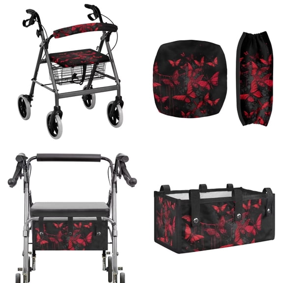 COEQINE Rollator Walker Seat & Backrest Covers Set with Storage Pouch 3 Pieces Set, Dust Proof Washable Mobility Accessory for Seniors in Assisted Living, Gothic Red Butterfly