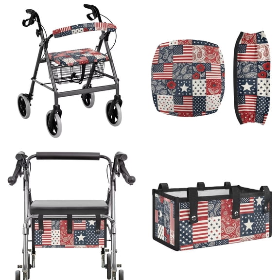 COEQINE Rollator Walker Seat and Backrest Covers with Storage Bag 3 Pieces Set, Universal Washable Rollator Walker Accessories Gifts for Seniors Ladies, American Flag Paisley Floral Patchwork