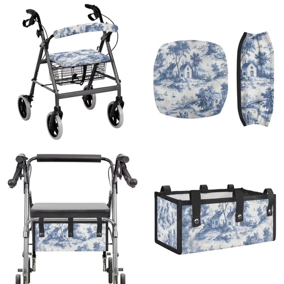 COEQINE Rollator Walker Seat and Backrest Covers with Storage Bag 3 Pieces Set, Universal Washable Rollator Walker Accessories Gifts for Seniors Ladies, Blue Toile De Jouy House