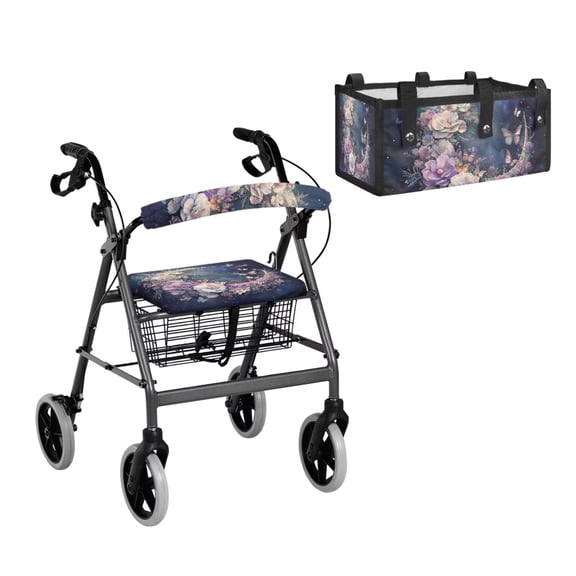 COEQINE Rollator Walker Seat and Backrest Covers with Storage Bag 3 Pieces Set, Universal Washable Rollator Walker Accessories Gifts for Seniors Ladies, Butterfly Floral Moon