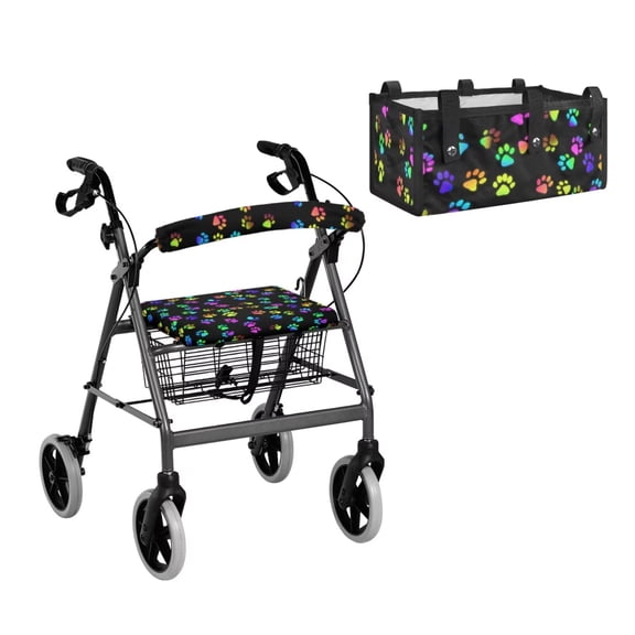 COEQINE Rollator Walker Seat and Backrest Covers with Storage Bag 3 Pieces Set, Universal Washable Rollator Walker Accessories Gifts for Seniors Ladies, Colorful Paw Print