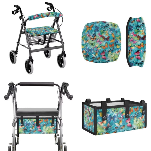 COEQINE Rollator Walker Seat & Backrest Rollbar Covers with Carry Storage Bag 3 Pack Set, Universal Size Decorative Cushion Cover for Women Men Elderly, Colorful Butterfly Turquoise