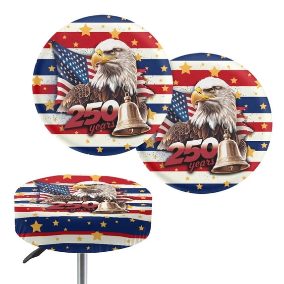 COEQINE Round Stool Slipcover Stretch Bar Stool Cover 14-16 Inch Pub Counter Stool Slipcover Vanity Seat Cushion Protector for 4th of July Patriotic Decor, Eagle American Flag Star