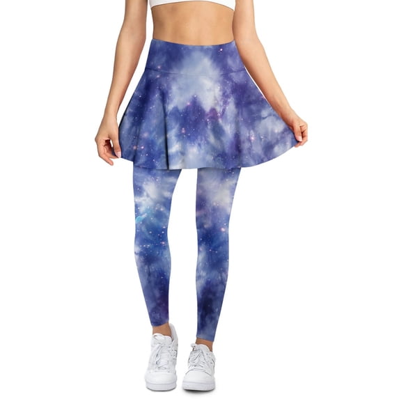 COEQINE Ruffle Pleated Tennis Skirted Legging with Pockets Starry Sky Pattern Elastic Yoga Skirts with Leggings for Women Breathable High Waist Golf Pickleball Leggings, 2XL
