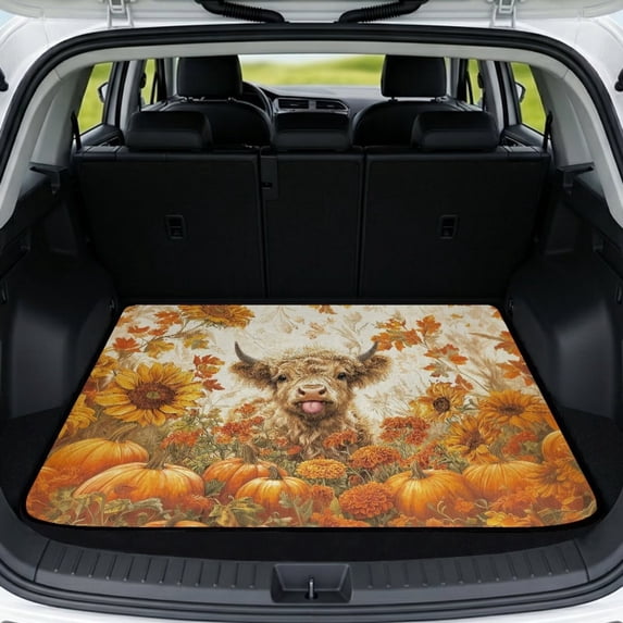 COEQINE SUV Boot Liner for Pets, All Season Trunk Liner Machine Washable Cargo Cover Cute Dog Seat Cover Fall Decor for SUV Sedan Truck, Universal Fit, Fall Highland Cow Maple Pumpkin