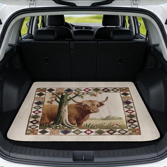 COEQINE SUV Cargo Liner for Pets, All Season Trunk Liner Machine Washable Cargo Cover Cute Dog Seat Cover for SUV, Sedan, Truck, Universal Fit, Vintage Aztec Highland Cow