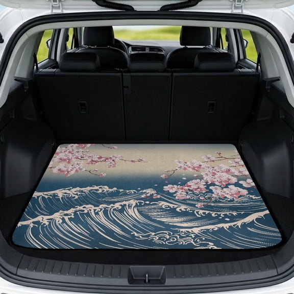 COEQINE SUV Cargo Mat Stylish Trunk Floor Mat Cute Car Boot Cover for Cats, Machine Washable Vehicle Interior Accessories Decor for Travel, Japanese Wave Cherry Blossom