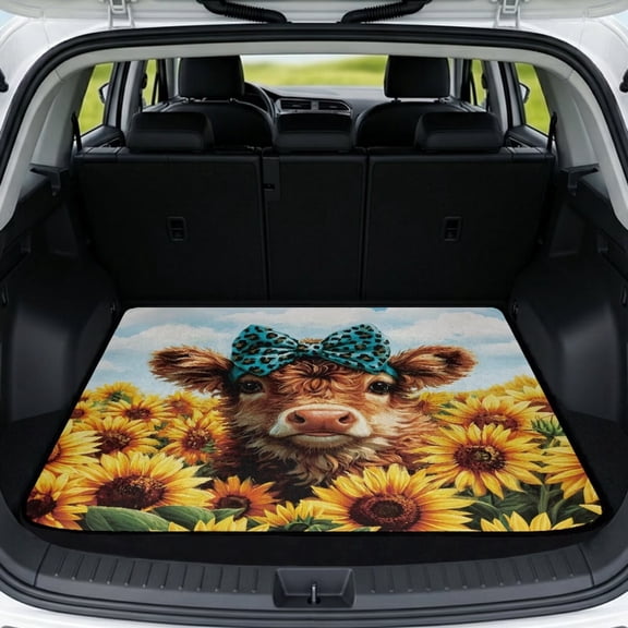 COEQINE SUV Trunk Liner for Dogs, Durable Scratch-proof Rear Cargo Mat Suitable for Most Car Models, Easy to Clean Auto Interior Accessories, Highland Cow Bow Sunflower