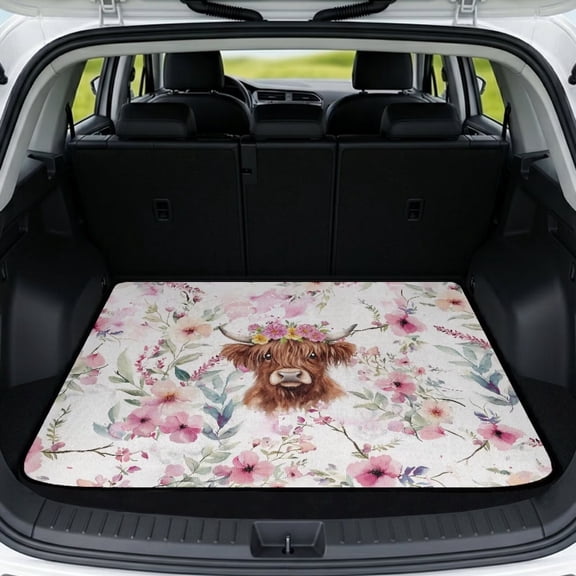 COEQINE SUV Trunk Liner for Dogs, Durable Scratch-proof Rear Cargo Mat Suitable for Most Car Models, Easy to Clean Auto Interior Accessories, Highland Cow Floral Pink
