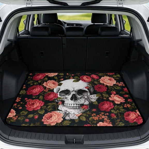 COEQINE SUV Trunk Mat Stylish Cargo Cover Dog Seat Cover for Dogs Cats, Scratch-proof Machine Washable Vehicle Interior Accessories for Travel, Skull Peony Floral