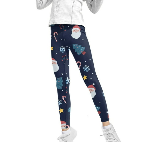 COEQINE Santa Claus Girls Yoga Leggings High Waist Sport Pants Buttery Soft Stretch Christmas Running Leggings, for 10-11 Years Kids Girls, Dark Blue