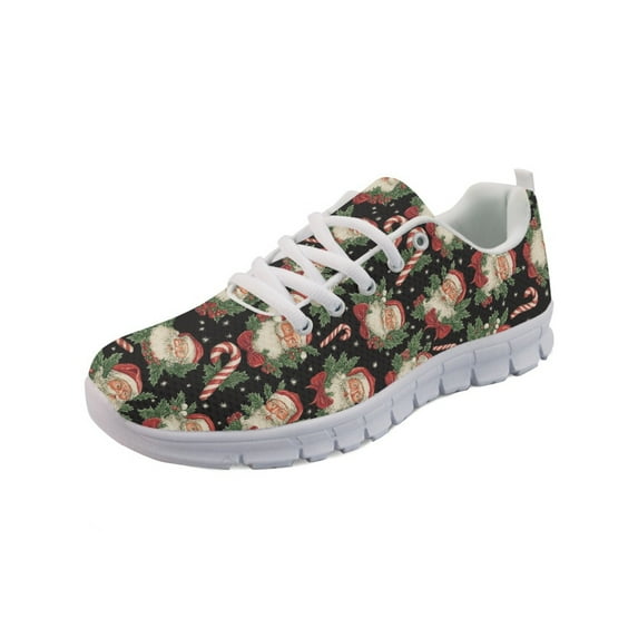 COEQINE Santa Claus Women Sneakers Christmas Holly Candy Cane Running Athletic Shoes Anti-Slip White Sole Tennis Footwear for Travel Soft Training Shoes Mens Footwear