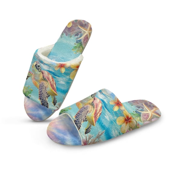 COEQINE Sea Turtle Plumeria Starfish Womens Fluffy Slippers Soft Warm Slippers Indoor House Slides Open Toe Bedroom Sandals Trendy Slip On House Shoes for Home Bedroom Living Room, 46-47